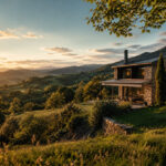 Casa rural contemporánea rodeada de colinas verdes y puesta de sol.