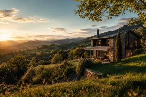 Casa rural contemporánea rodeada de colinas verdes y puesta de sol.