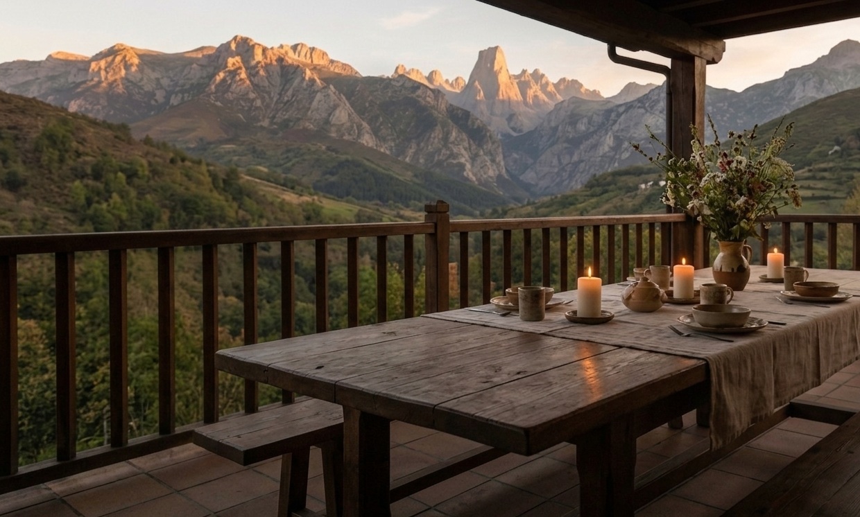 Terraza de alojamiento rural con vistas a la puesta de sol sobre Picos de Europa en Asturias.